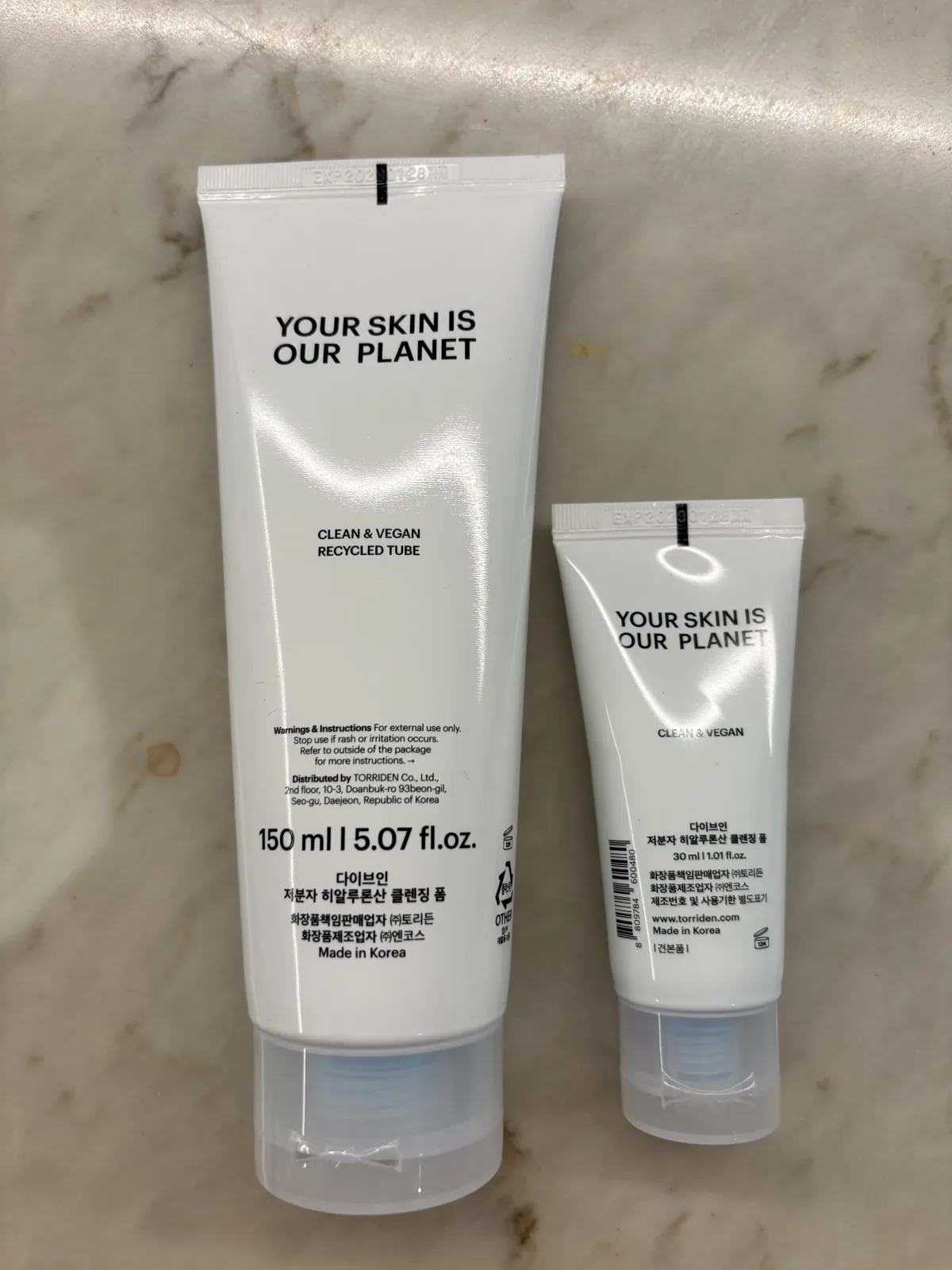 Torriden Dive-In Cleansing Foam tube backs showing Clean and Vegan and 150ml and 30ml sizes