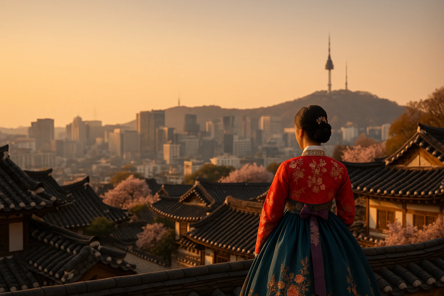 Woman in a colourful hanbok overlooking Bukchon hanok village and the Seoul skyline at sunset