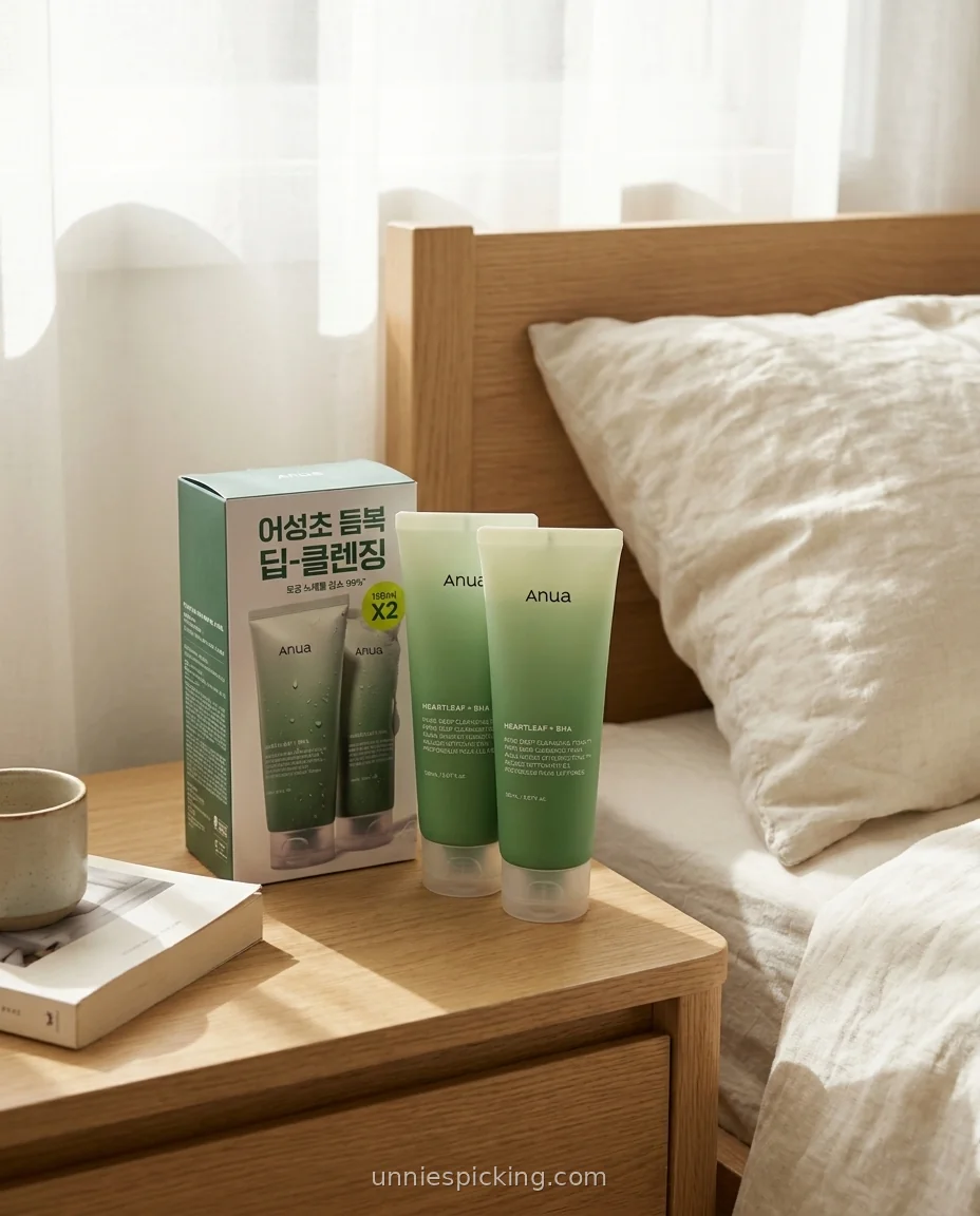 Anua Heartleaf Cleansing Foam two green tubes and the duo box on an oak nightstand against a linen-dressed bed.