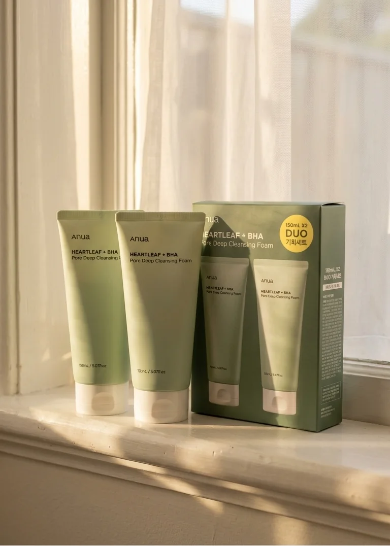 Anua Heartleaf Cleansing Foam two green tubes beside the duo box on a white windowsill lit by warm golden light.