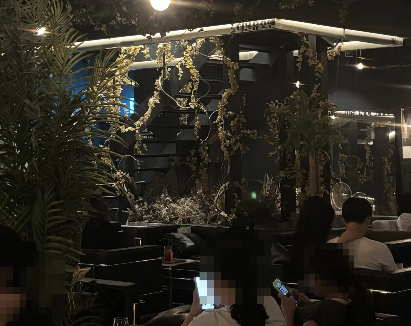 best cafes in Seongsu-dong: a moody plant-filled lounge cafe with dried florals, warm bulbs and black leather sofas