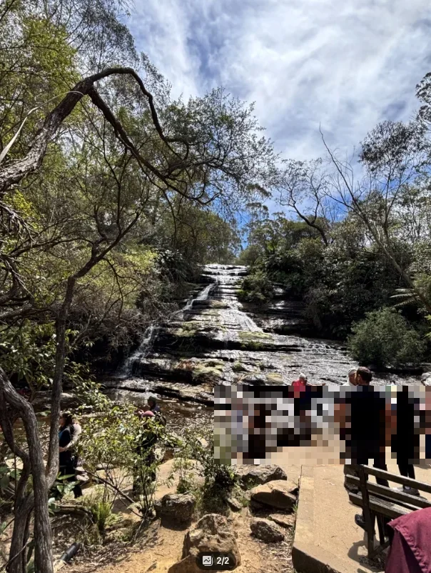 Blue Mountains Scenic World cable car review – Close-up view of Katoomba Falls from the walking trail below the Skyway, with sunlight reflecting on the flowing water and lush green cliffs.