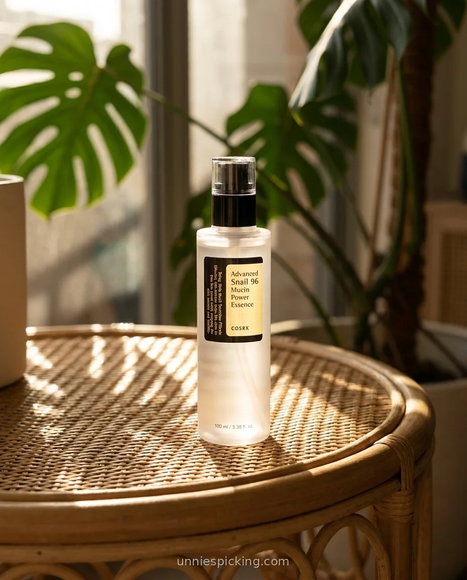 COSRX Snail Mucin Essence frosted pump bottle standing alone on a round rattan table with monstera leaves behind in warm light.