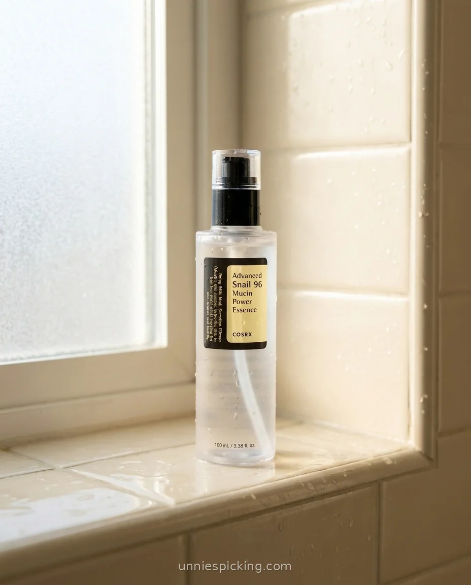 COSRX Snail Mucin Essence clear pump bottle on a white-tiled bathroom windowsill dotted with water droplets in soft daylight.
