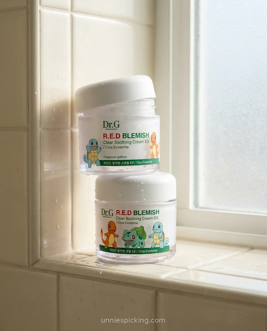 Dr.G Red Blemish Soothing Cream two Pokemon-edition jars stacked on a white-tiled bathroom windowsill with water droplets.