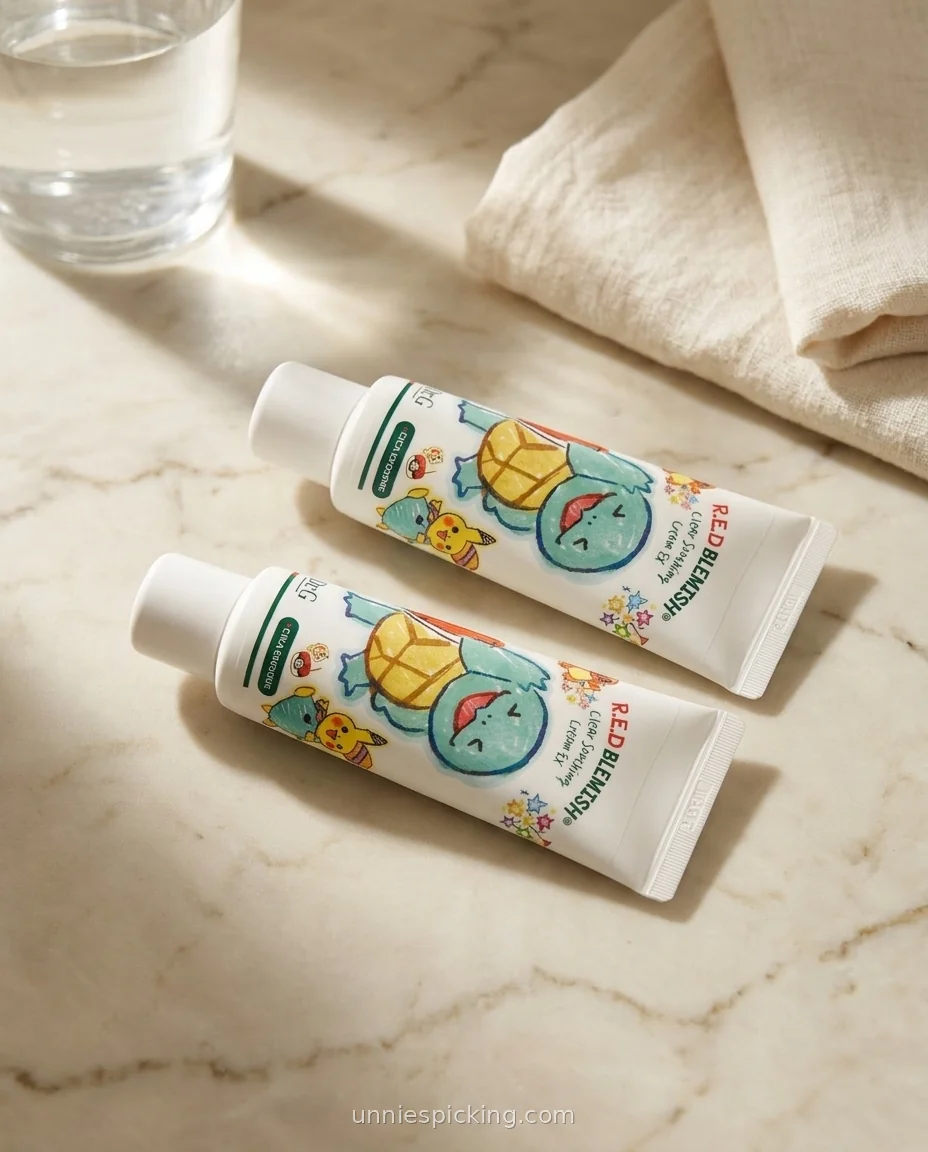 Dr.G Red Blemish Soothing Cream two Pokemon-edition tubes lying side by side on pale marble near a glass of water and linen.