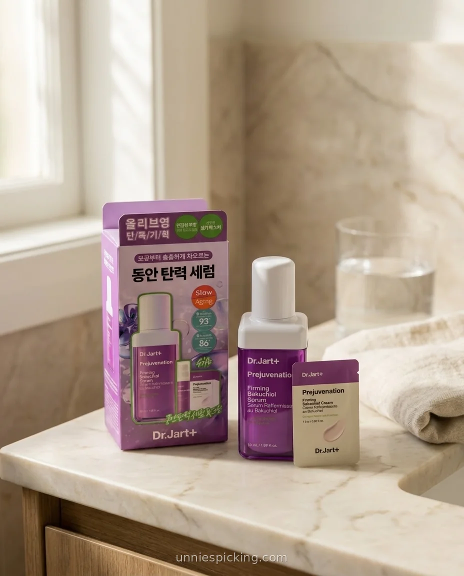 Dr.Jart Bakuchiol Serum purple pump bottle beside its Olive Young gift box and a cream sample sachet on a marble bathroom counter.