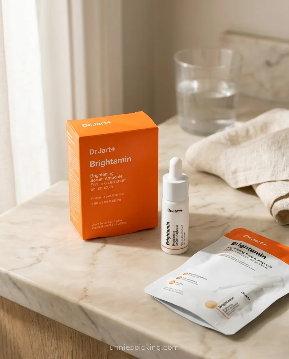 Dr.Jart Brightamin Serum dropper bottle beside its orange box and sample pouch on marble, with a water glass and linen cloth behind.