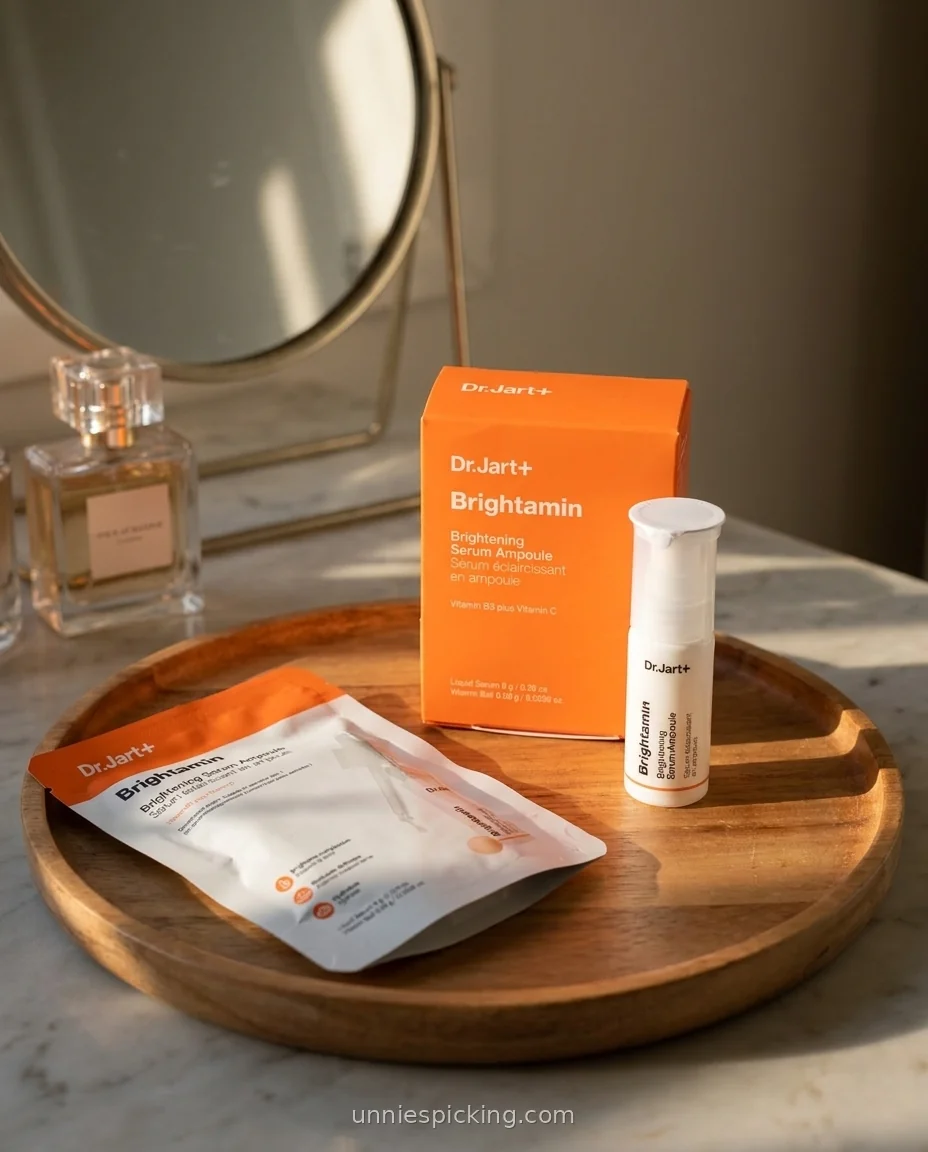 Dr.Jart Brightamin Serum pump bottle and orange box on a round wooden tray, with a vanity mirror and perfume bottles beside it.
