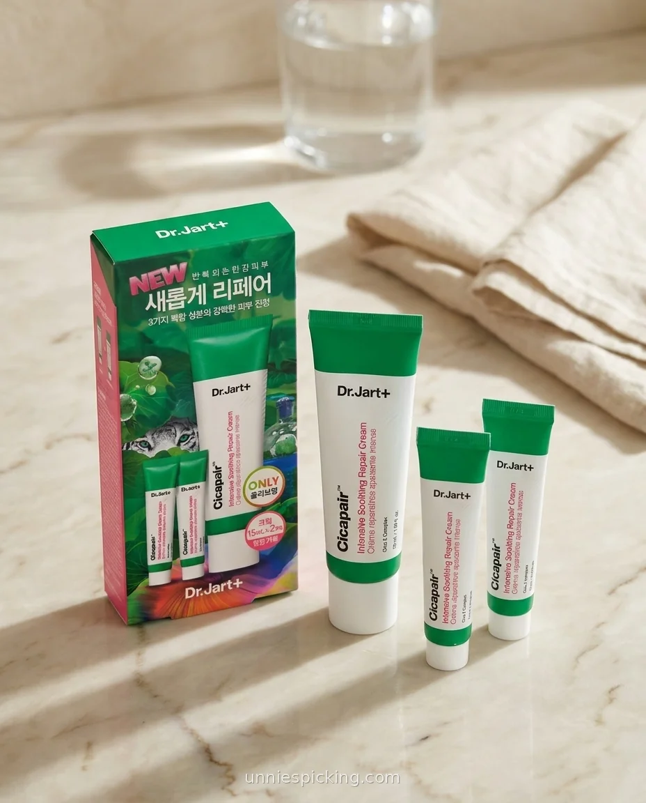 Dr.Jart Cicapair Cream green box with a full 50ml tube and two 15ml minis on a beige marble counter.