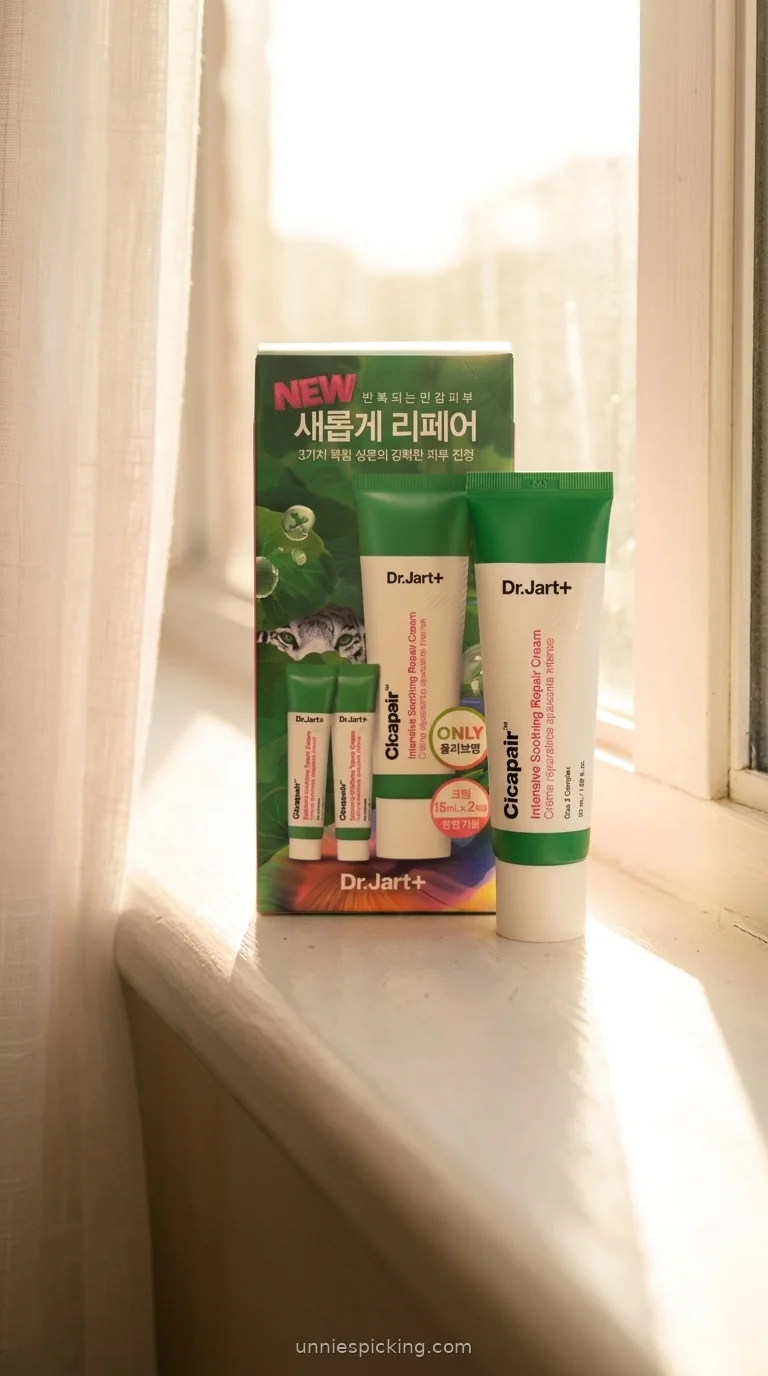 Dr.Jart Cicapair Cream green box and a single green 50ml tube on a windowsill backlit by golden light.