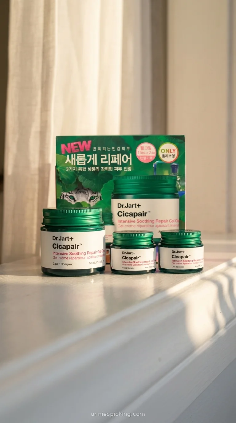 Dr.Jart Cicapair Gel Cream green box with a full jar and two mini jars on a windowsill in golden light.