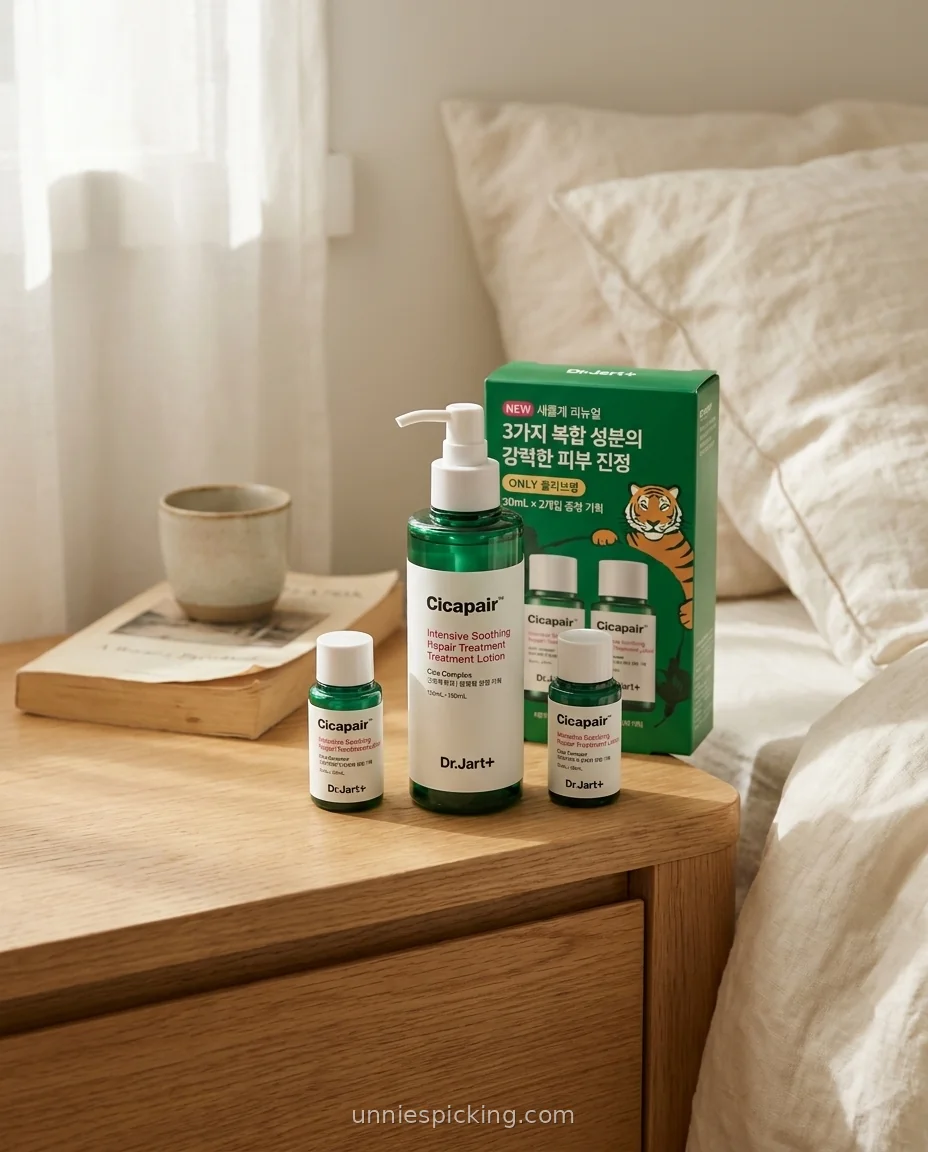 Dr.Jart Cicapair Treatment Lotion pump bottle flanked by two mini bottles and the green box on an oak bedside table.