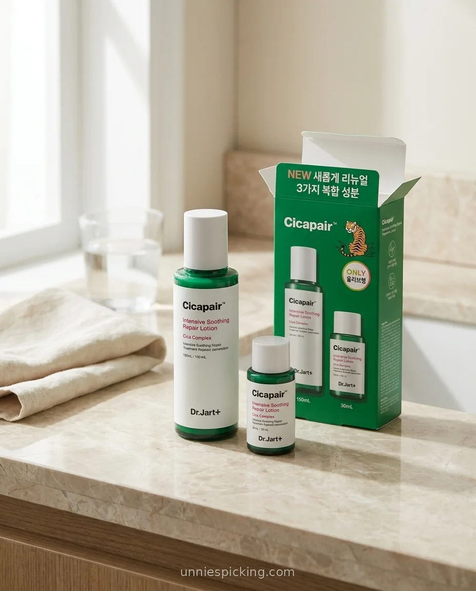 Dr.Jart Cicapair Treatment Lotion full-size and travel bottle beside the green tiger-print box on a beige marble bathroom ledge.
