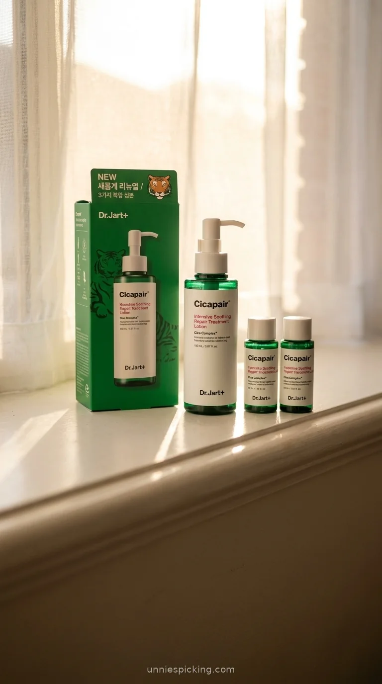 Dr.Jart Cicapair Treatment Lotion bottle, green box and two mini bottles lined up on a windowsill in golden backlight.