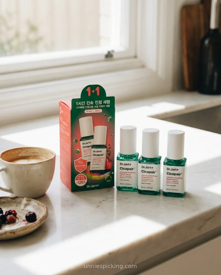 Dr.Jart Cicapair Serum box and three green glass bottles lined up on a kitchen counter beside a morning latte and berries.