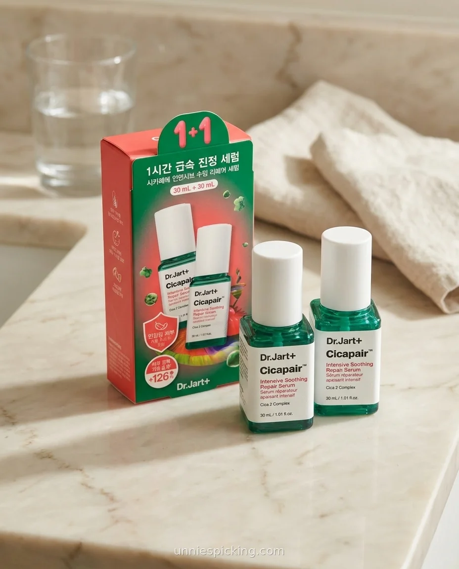 Dr.Jart Cicapair Serum 1+1 red gift box beside two green glass bottles on a beige marble ledge with a water glass behind.