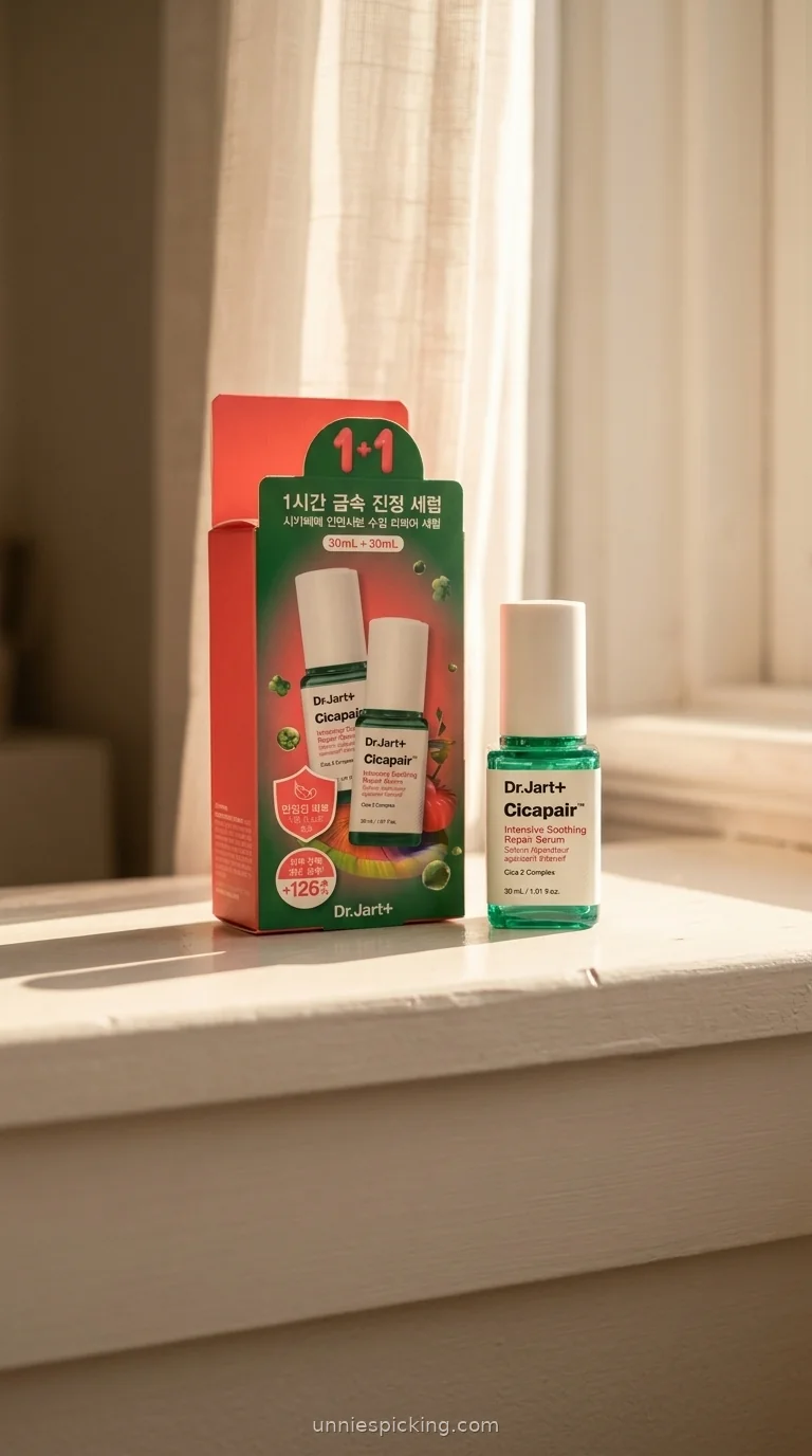 Dr.Jart Cicapair Serum red-and-green box with a single green serum bottle on a windowsill in warm golden light.