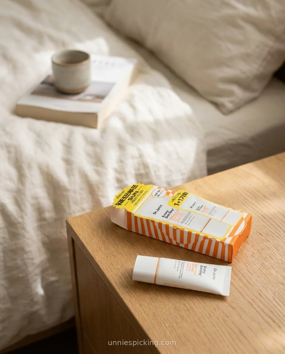 Dr.Jart Every Sun Day Sun Milk box and tube on a wooden bedside table in morning light