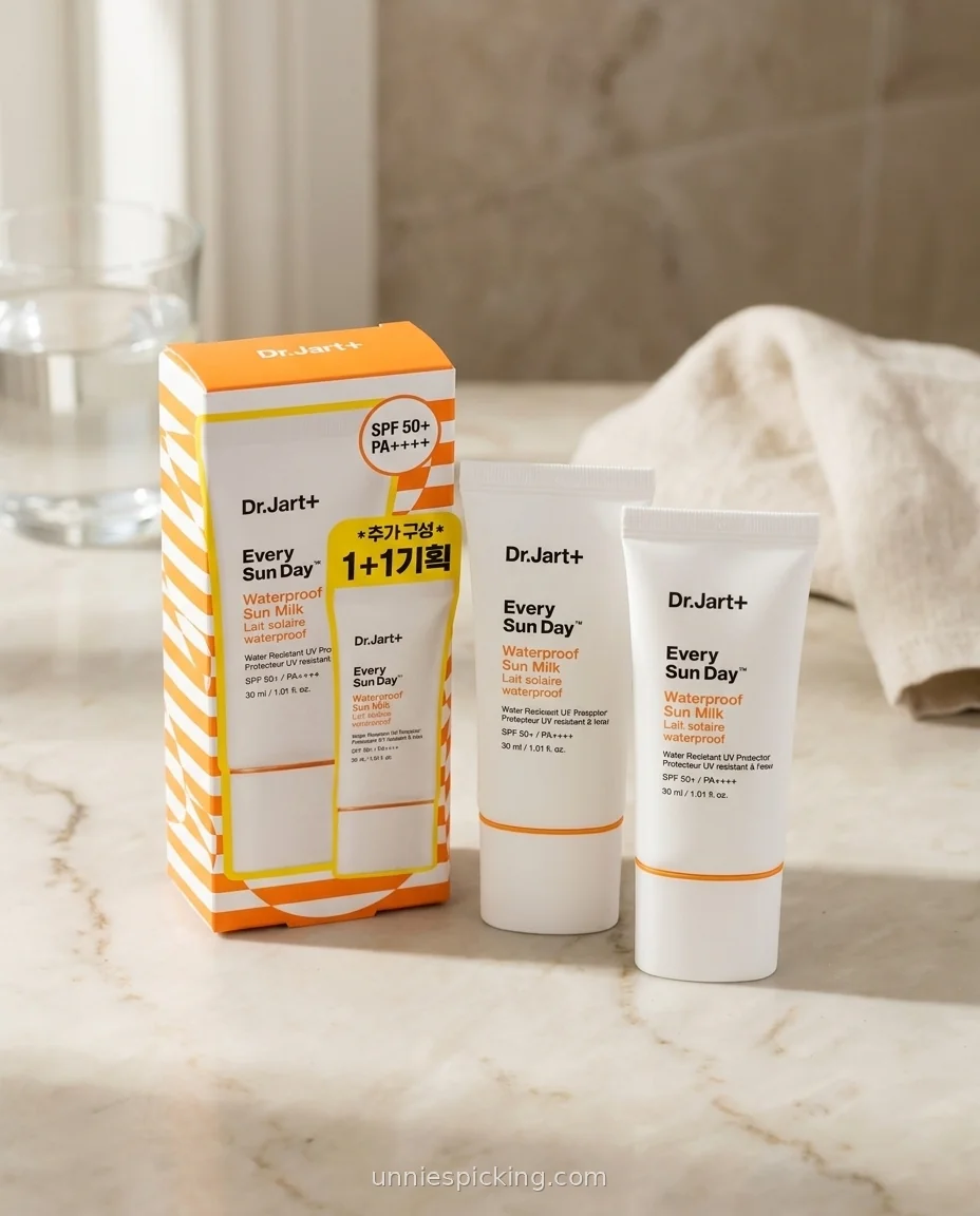 Dr.Jart Every Sun Day Sun Milk 1+1 gift box with two white tubes SPF50+ PA++++ 30ml on marble