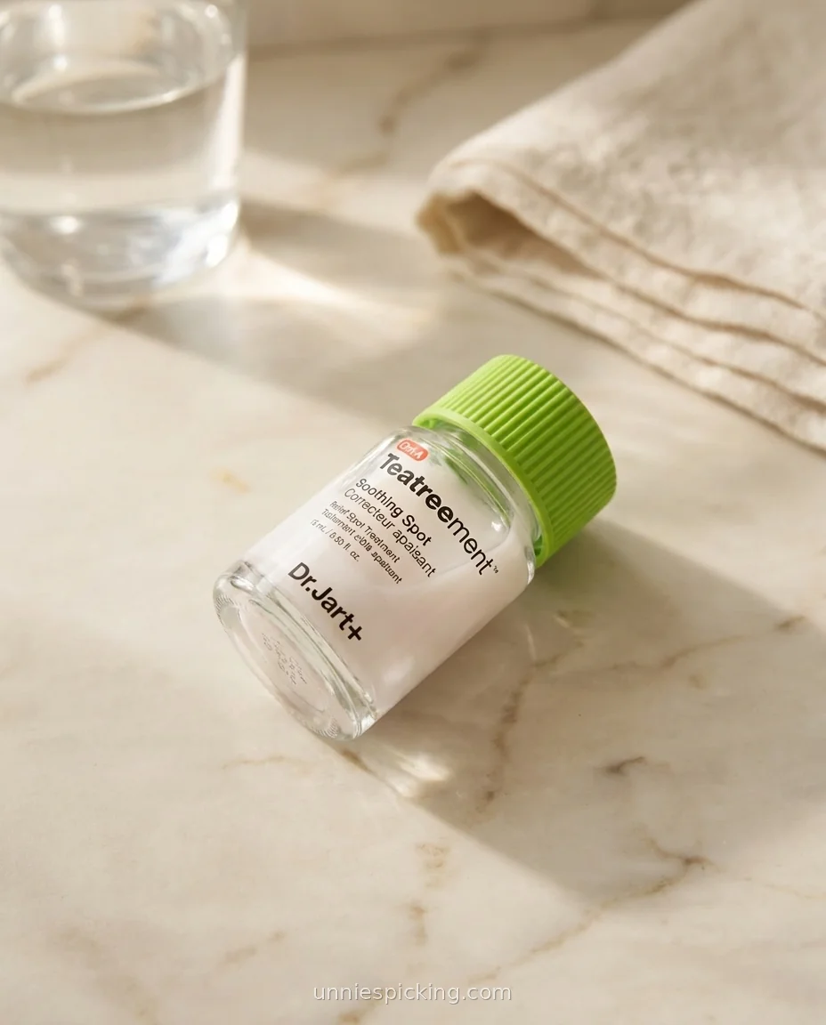 Dr.Jart Teatreement Spot clear glass bottle with a lime-green cap resting on veined marble beside a water glass and linen cloth.