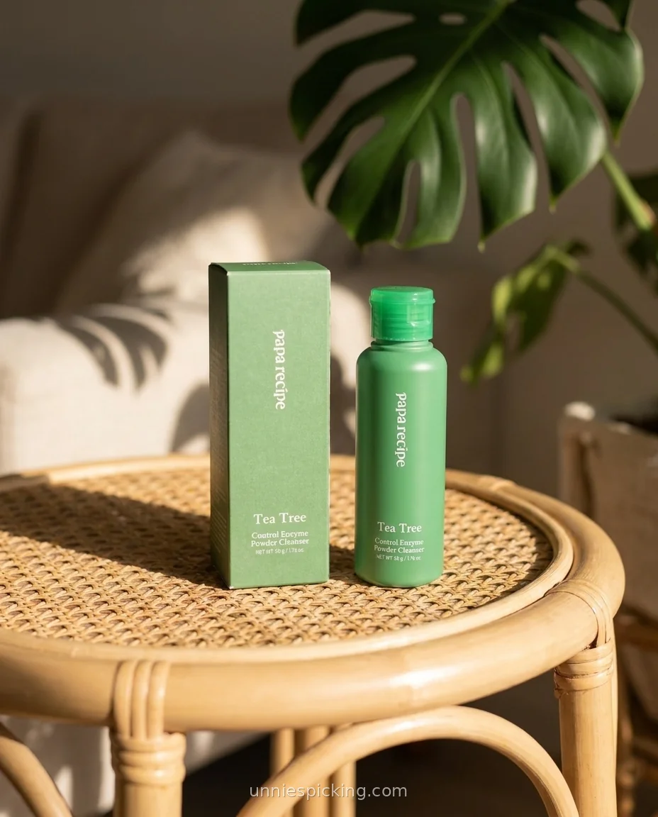 Papa Recipe Tea Tree Cleanser green bottle and matching box on a round rattan table, with a monstera leaf and sofa in soft light.