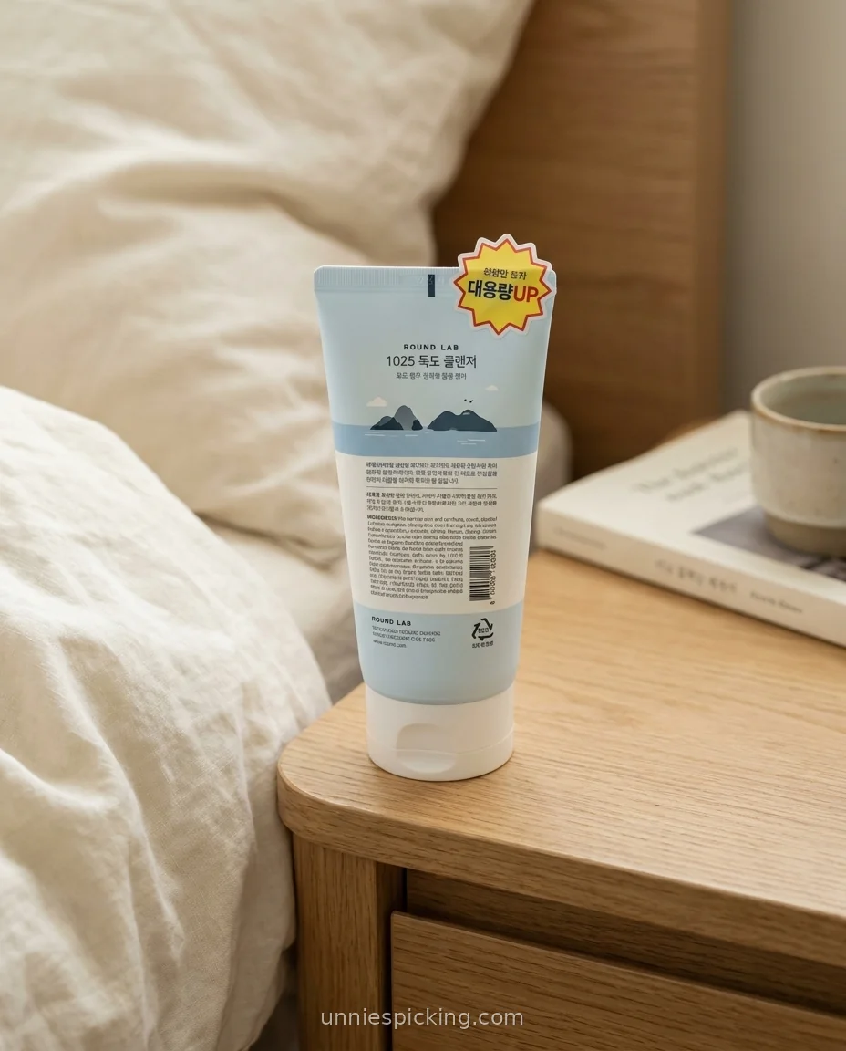 Round Lab Dokdo Cleanser blue tube standing upright on its cap on an oak bedside table with soft bedding and a mug behind.