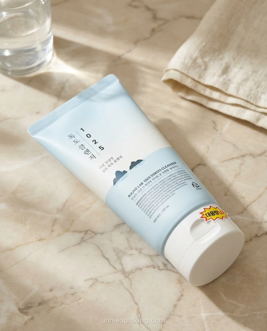 Round Lab Dokdo Cleanser pale blue tube lying flat on cream marble beside a water glass and folded linen napkin.
