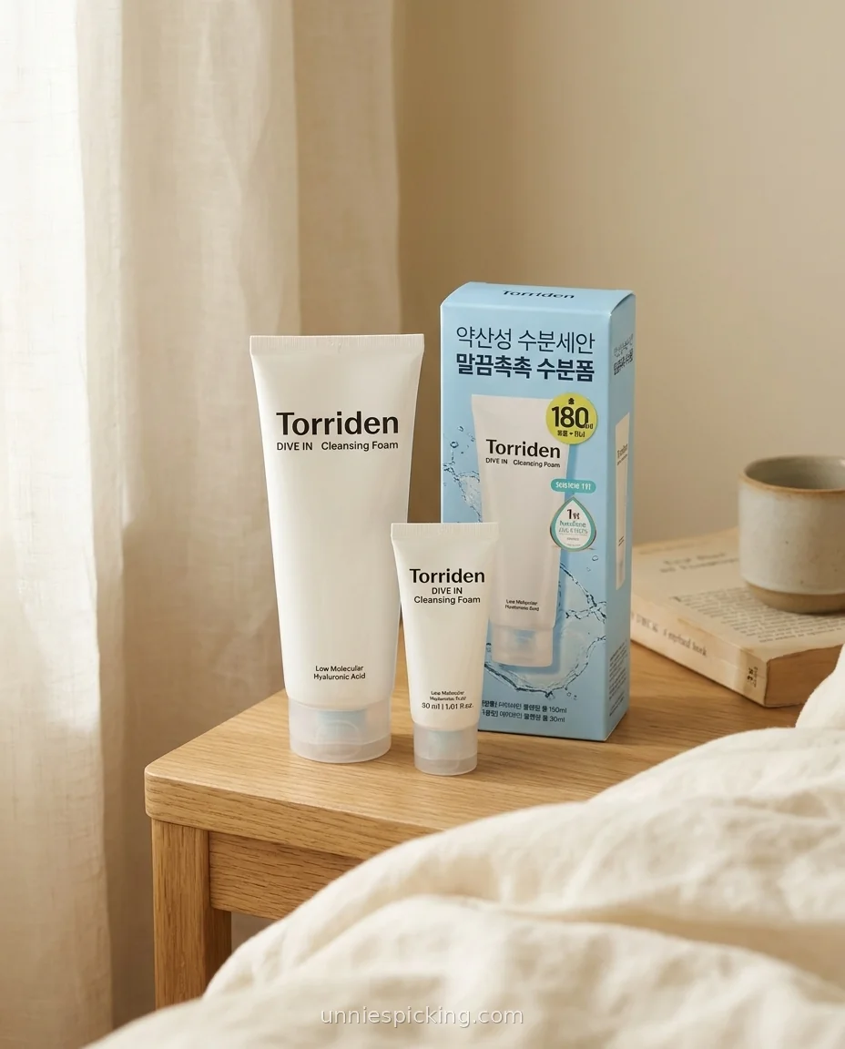 Torriden Dive-In Cleansing Foam large tube, mini tube and box on an oak bedside table with linen curtains and a mug behind.