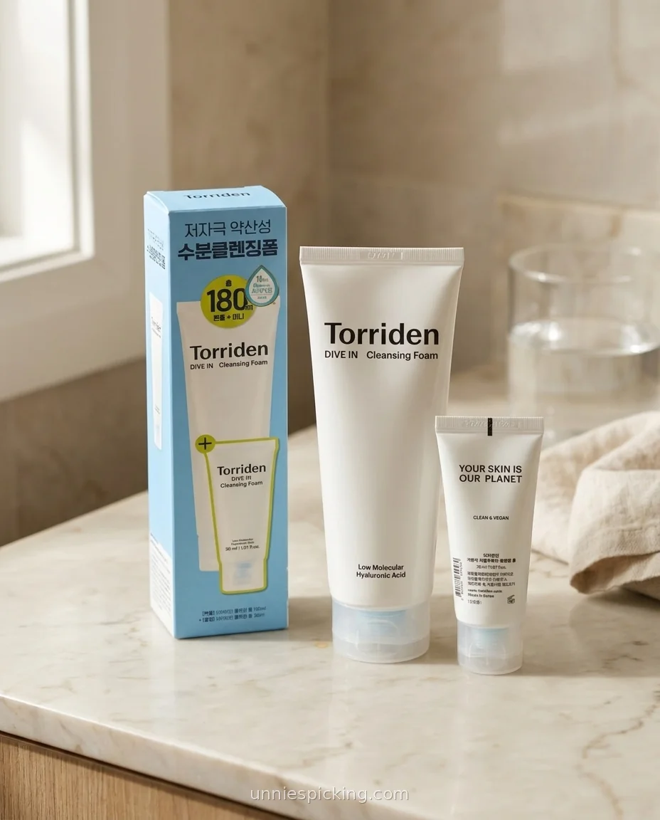 Torriden Dive-In Cleansing Foam full tube, travel mini and blue box grouped on a pale marble counter beside a glass and linen towel.
