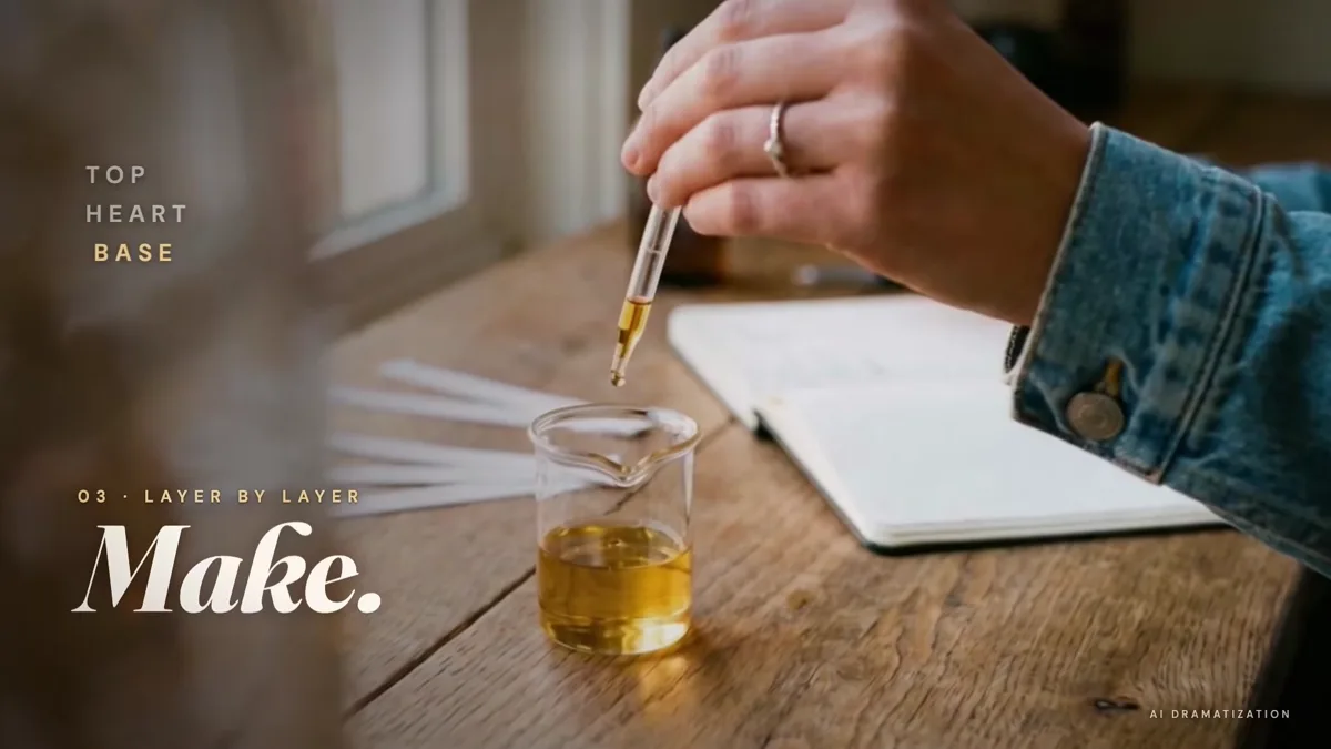 Still from the AI film An Afternoon, Bottled: a pipette releasing amber perfume oil into a small glass beaker beside fanned blotter strips and an open notebook on an oak table